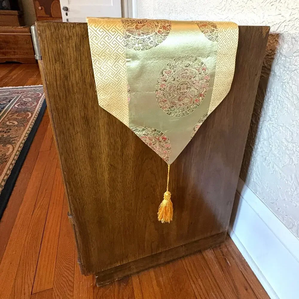 Vintage Asian Silk Brocade Table Runner Gold Tassels Chinoiserie
